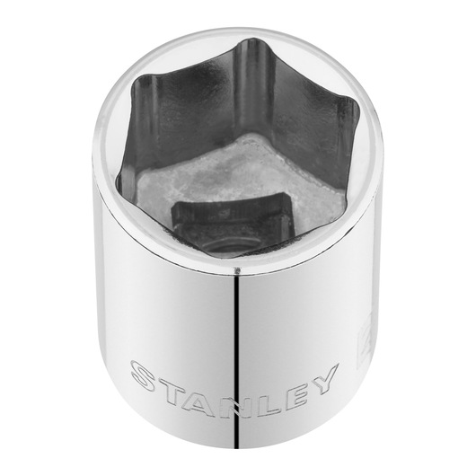 STANLEY STMT86524-0 chrome socket, six-point design, photographed from angled top on white background.