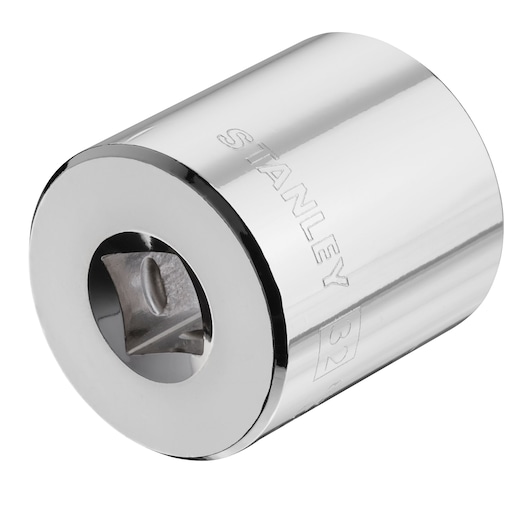 Photo of STANLEY STMT86532-0 chrome socket, cylindrical shape, brand engraved, photography on white background.