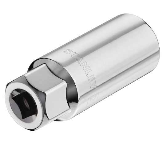 Photo of STANLEY STMT88942-0 chrome socket, cylindrical design, clear side view on white background.