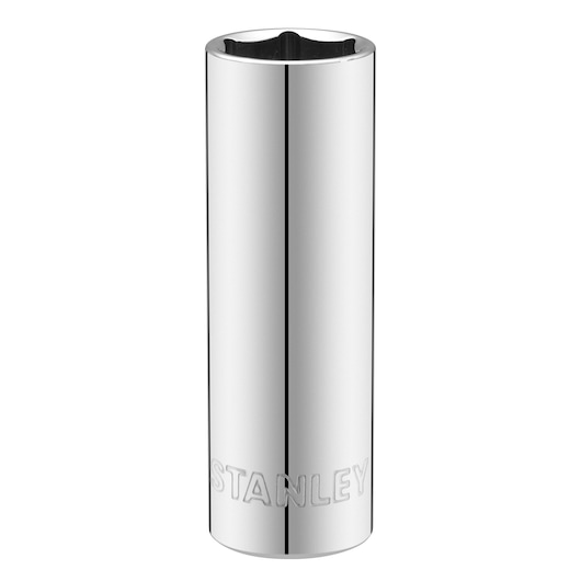 STANLEY STMT88993-0 chrome deep socket, cylindrical tool with embossed logo, front angle on white background.