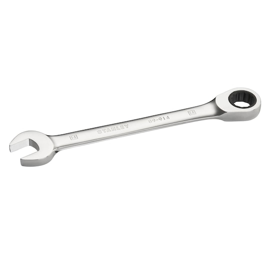 Photo of STANLEY STMT89914-0 combination wrench, chrome finish, open-end and ratcheting box end, angled on white background.