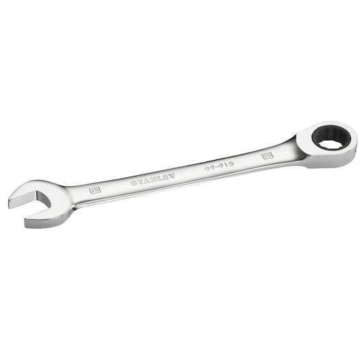 STANLEY STMT89915-0 combination wrench, silver, open and box end, product photo on white background.