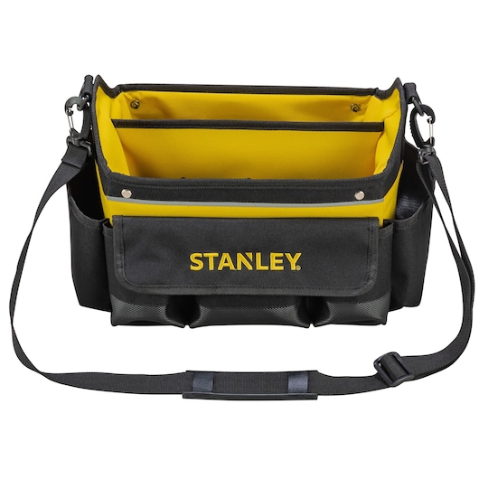 STANLEY STST1-70718 tool bag with shoulder strap, black and yellow fabric, front view on white background.