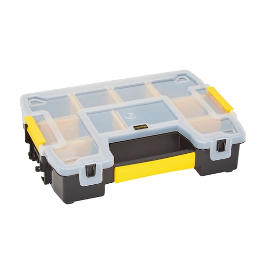 STANLEY STST1-70720 organizer box with clear lid, multiple compartments, yellow handle, angled front view.