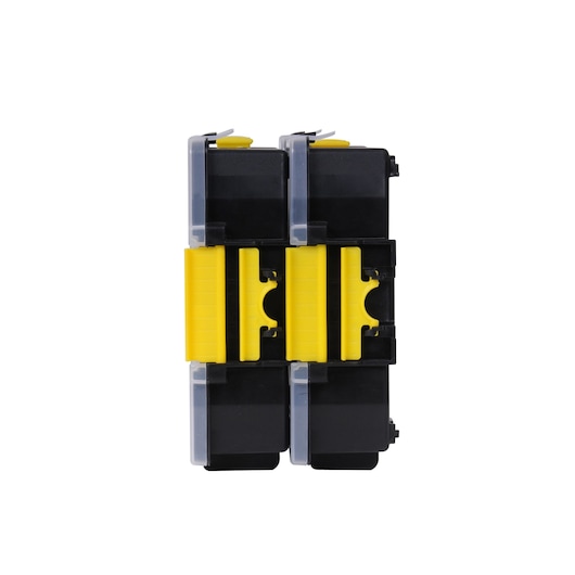 STANLEY STST1-71197 twin black and yellow organizer boxes, front angle, on white background.