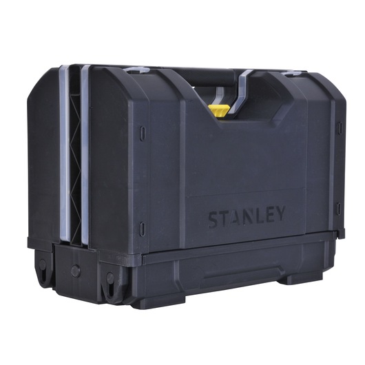 STANLEY STST1-71963 black hard plastic tool box, angled view, sturdy handle, photography product.