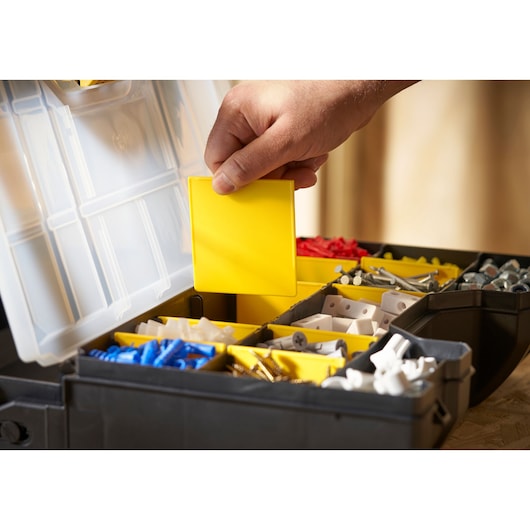 STANLEY STST1-71963 organizer box close-up with yellow divider and assorted hardware.