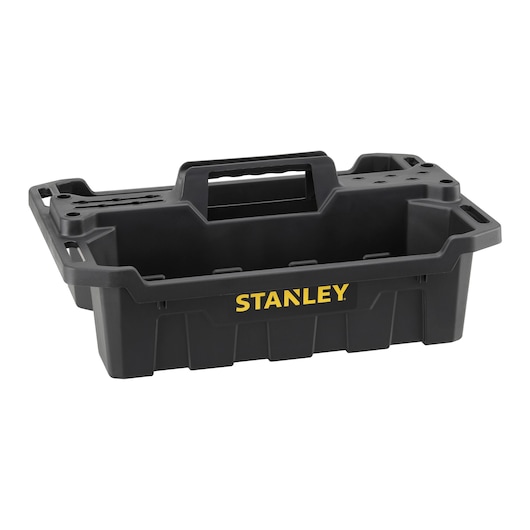 Photo of STANLEY STST1-72359 black plastic tool tote with central handle, open top, and yellow STANLEY logo, front angle.