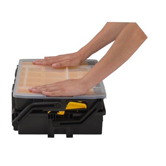 Photo of STANLEY STST1-75540 black organizer box being closed by hands, front angle.