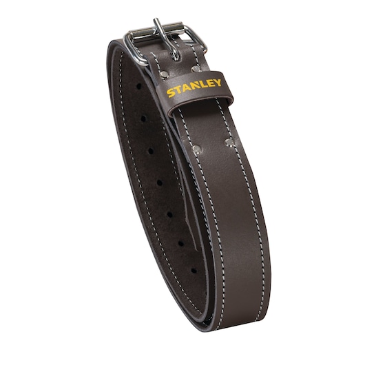 STANLEY STST1-80119 brown leather belt with silver buckle, product photo on white background.