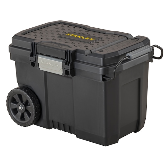 Photo of STANLEY STST33090-1 black wheeled tool box with metal latch and textured lid, front angle.