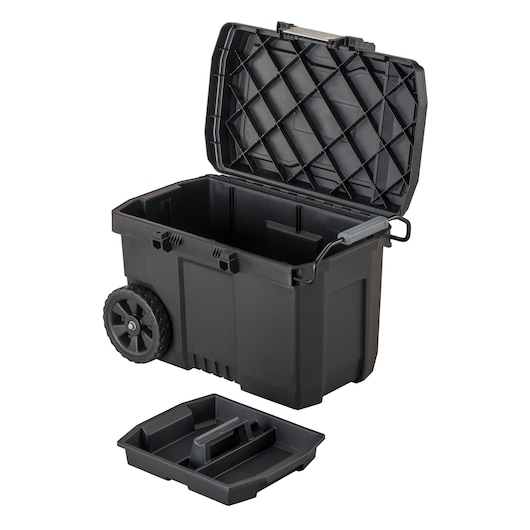 STANLEY STST33090-1 rolling tool box, black plastic, open lid, removable tray, side angle photo.