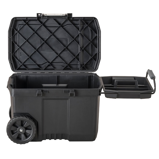 STANLEY STST33090-1 black wheeled tool box with open lid and removable tray, front angle on white background.