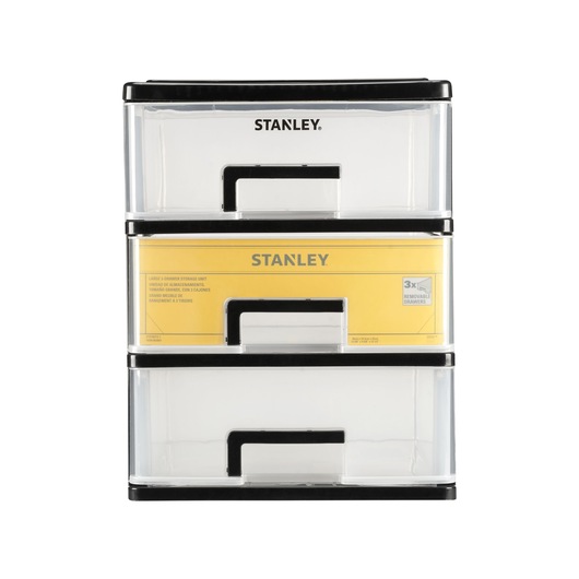 STANLEY STST40710-1 storage unit with three clear plastic drawers, black frame, front view on white background.