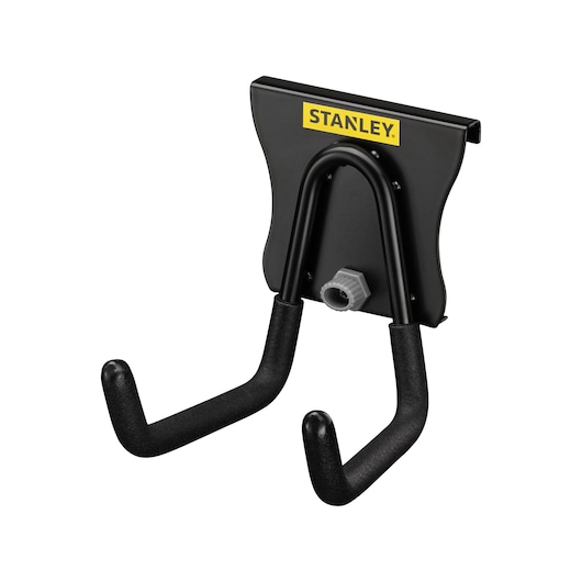 Stanley black double hook wall mount, used for organizing and hanging items in garages or workshops.