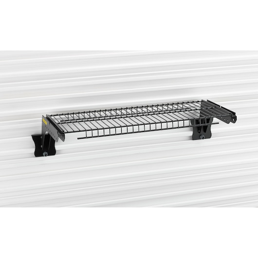 STANLEY STST82613-1 metal wire wall shelf, photo from side angle, mounted on white grooved wall.