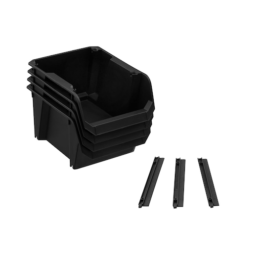 Stacked black plastic storage bins with three separate black mounting rails on a white background.