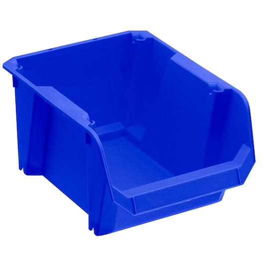 STANLEY STST82740-1 blue stackable plastic storage bin, front angle on white background.