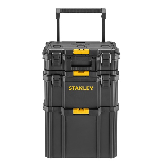 STANLEY STST83319-1 black stackable rolling tool chest, front angle, yellow latches, photography.