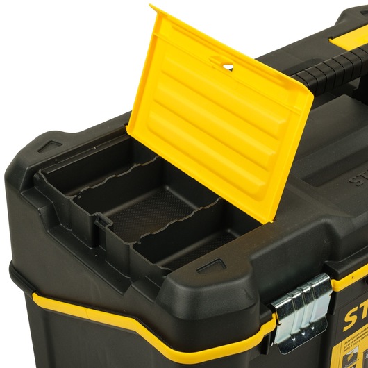 STANLEY STST83397-1 black and yellow toolbox with open lid showing inner compartments, side angle.