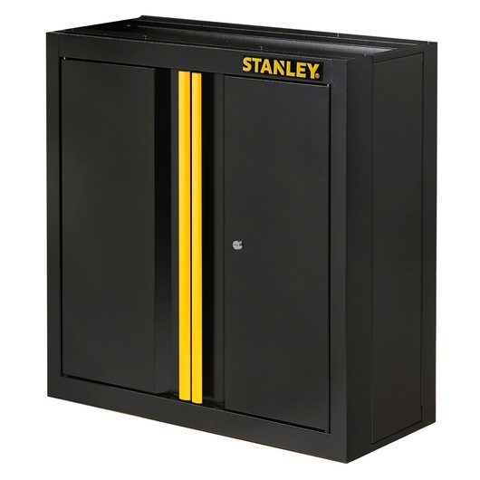 Black STANLEY wall cabinet with yellow accents and two doors, designed for storage and organization.