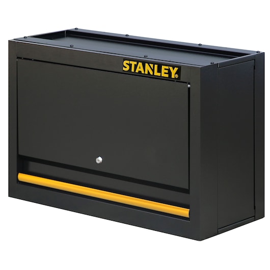 STANLEY STST97599-1 black wall-mounted cabinet, front angle, with yellow accent and lock.