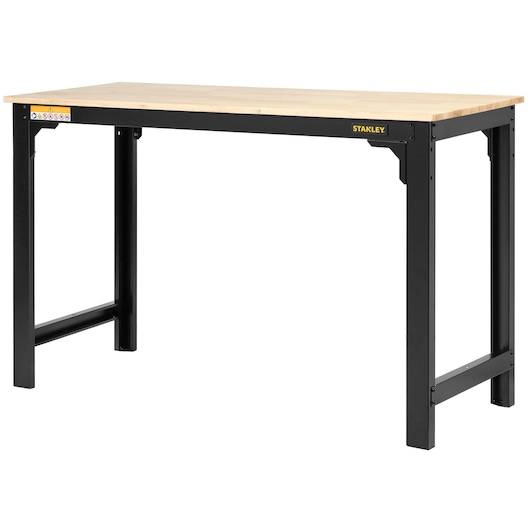 STANLEY STST97998-1 workbench with light wood top and black metal frame, front angle, white background.