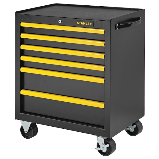 STANLEY STST98182-1 black tool chest with seven yellow-handled drawers, side handle, and caster wheels, photography front angle.