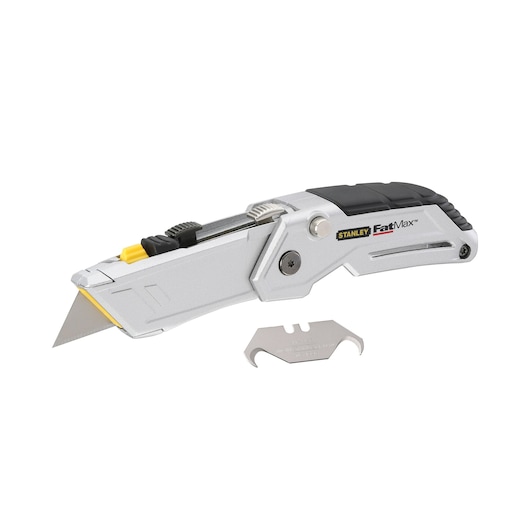 Photo of STANLEY XTHT0-10502 utility knife with silver body, black grip, yellow accents, and extra blade on white background.