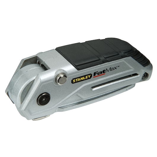 STANLEY XTHT0-10502 utility knife, silver and black, side angle on white background.